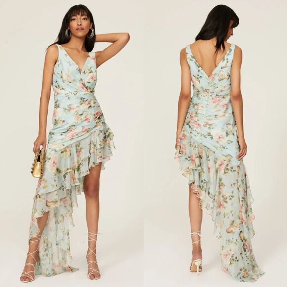 Mac‎ Duggal 49144 Size 4 Light Blue Pink Floral Chiffon Ruched Ruffled Dress